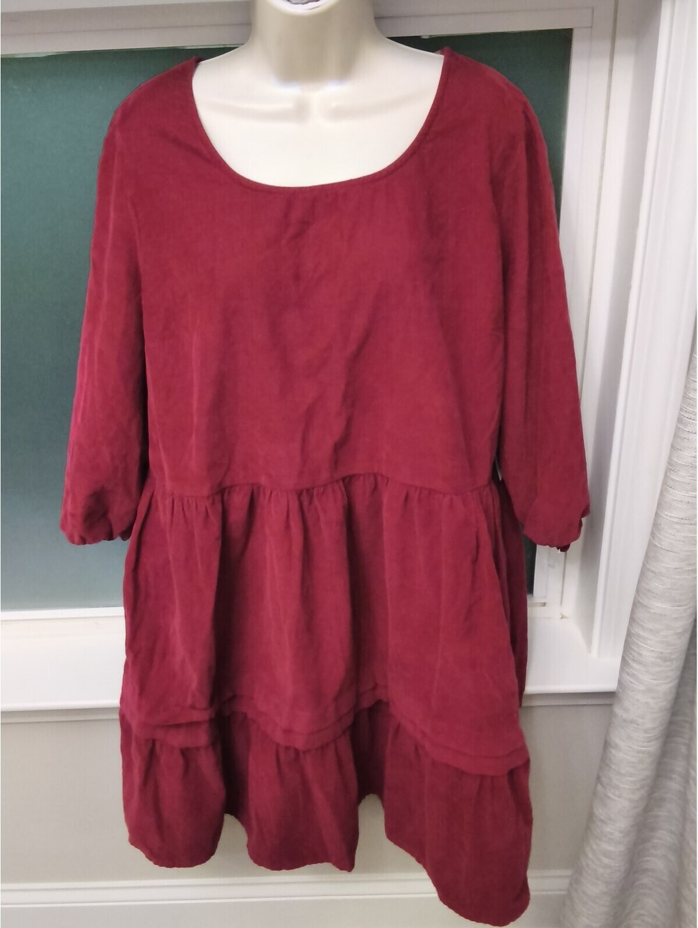 Time and Tru XL (16-18) Rich Red Corduroy Tiered Dress 100% Cotton 3/4 Sleeves
